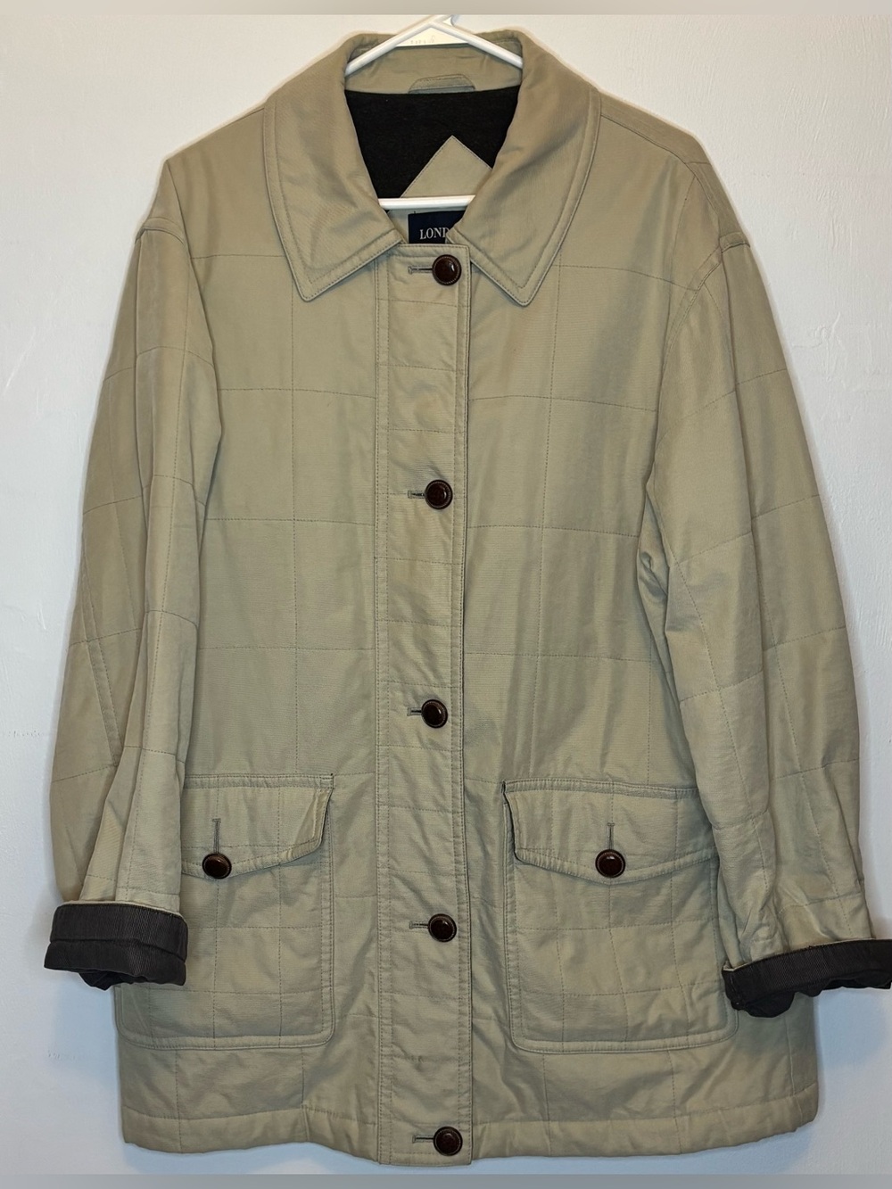 London Fog Vintage Nylon Blend Square Quilted Barn Coat Jacket Tan Khaki